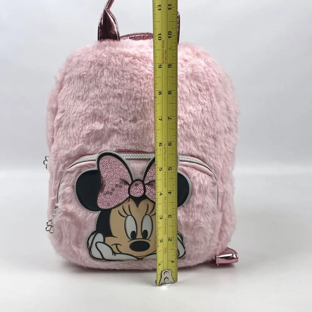 Disney Minnie Mouse Faux Fur Mini Backpack Pink Fuzzy Sequin Bag EUC